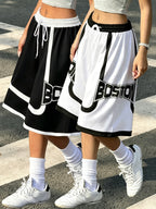 2pcs Set of Letter Print Casual Loose Wide-Leg Bermuda Shorts - Black+White