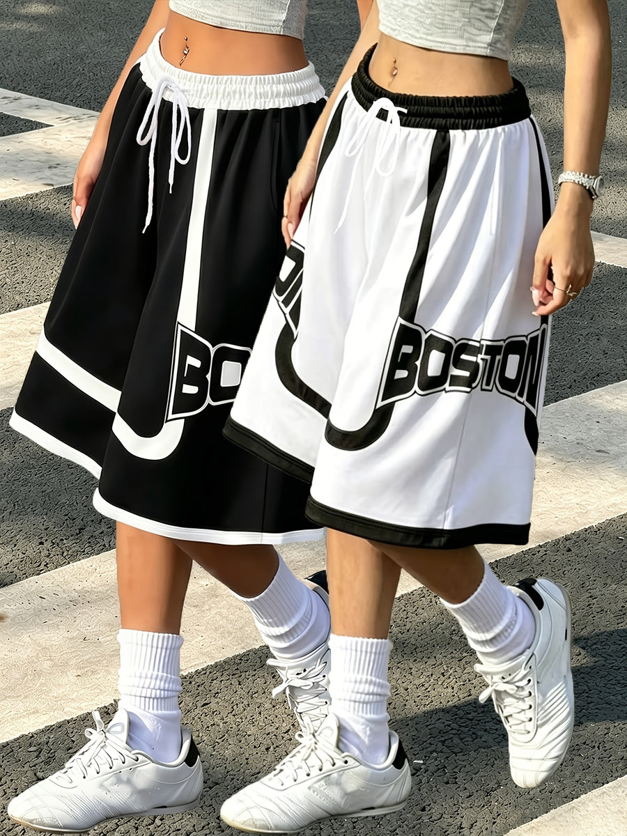 2pcs Set of Letter Print Casual Loose Wide-Leg Bermuda Shorts - Black+White