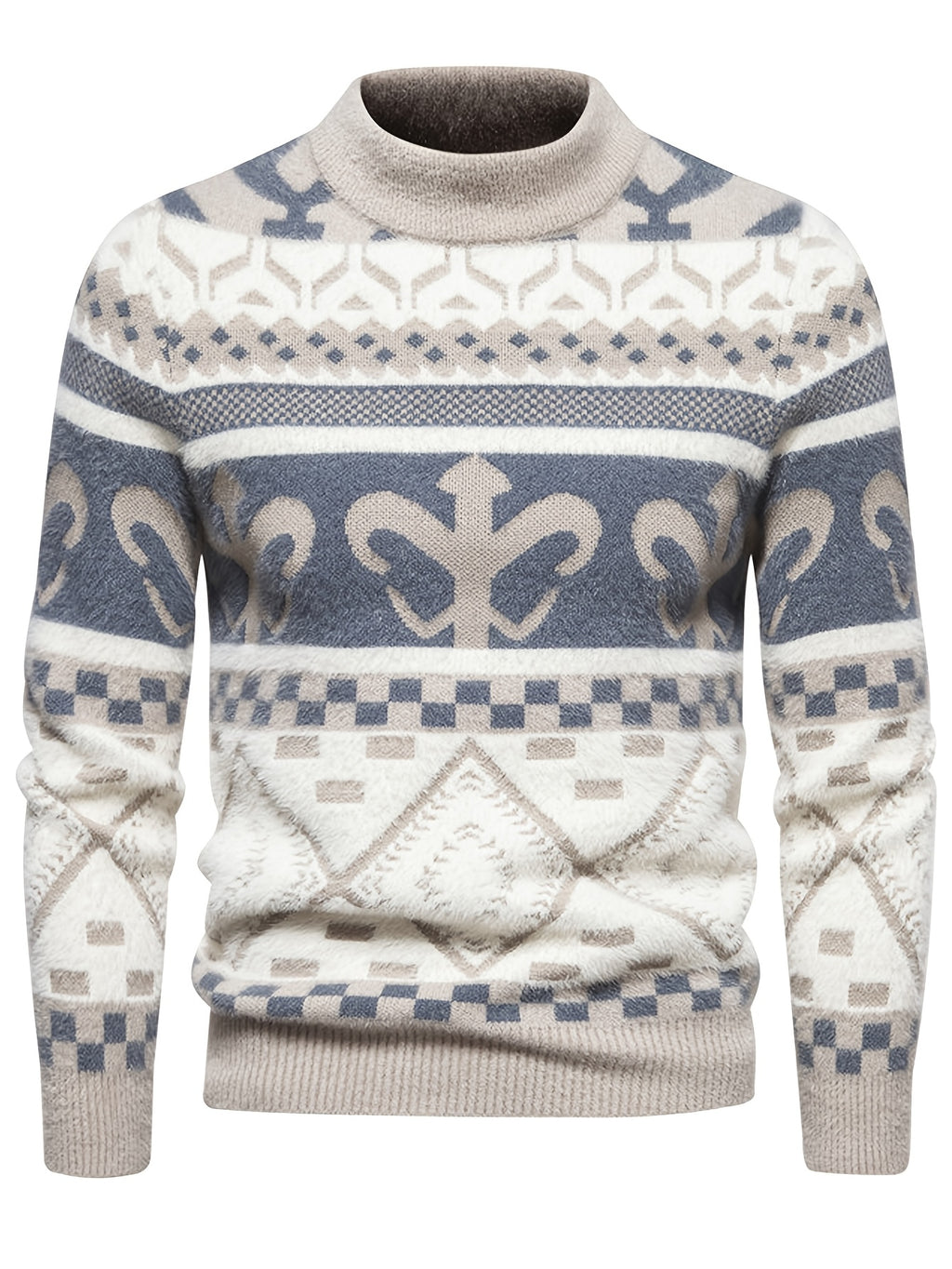 Retro Fair Isle Jacquard Semi-High Neck Sweater Men'S Autumn Winter Knitwear Ethnic Style Casual Pullover Top - White