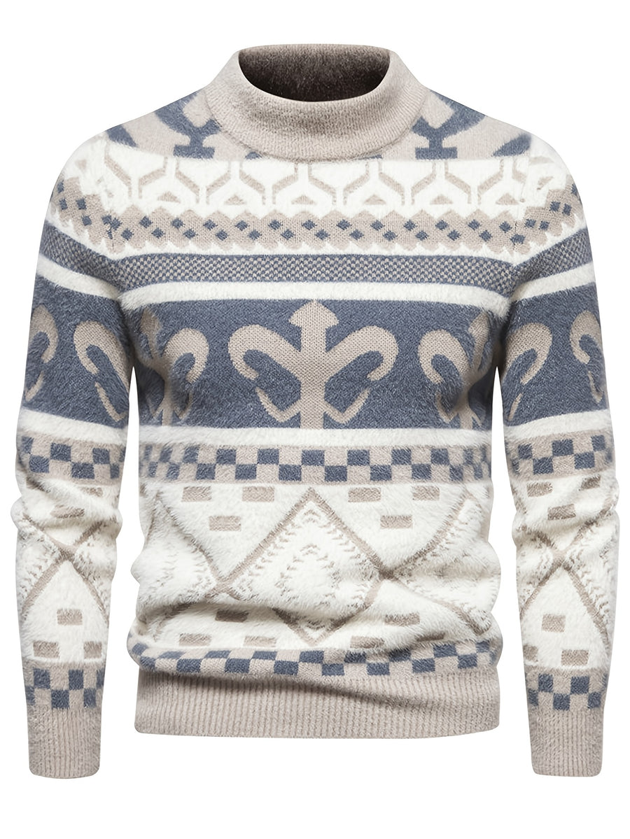 Retro Fair Isle Jacquard Semi-High Neck Sweater Men'S Autumn Winter Knitwear Ethnic Style Casual Pullover Top - White