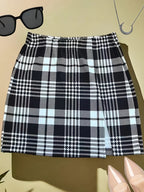 Elegant Women'S High-Waisted Plaid Skirt - Black & White Check Pattern, Short Length, No Belt, Perfect for Spring/Fall, Stylish Casual Attire, Casual Skirt | Elegant Skirt | Check Pattern Design - Black