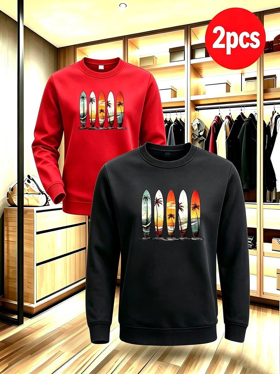 2pcs Men'S Fall Winter Thick Fleece Lined Crewneck Pullover, Retro Beach Surfboard Tree Sunset Graphic, Versatile Warm Long Sleeve Top, Daily Commute, Outdoor Activity, Street Style, Friend Meetup - Red+Black