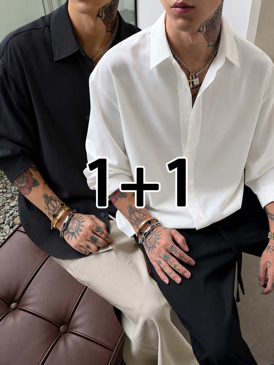 2pcs Set: Men's Casual Loose-Fitting Long-Sleeve Shirt with a Draping Effect, Black Premium Feel Versatile Top, Men's White Shirt Base Layer, Two-Shirt Set - Light White+Black Color
