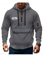 American-style Casual Men's Pullover Hoodie with Half-zipper Neckline, Utility-style Multi-pocket Design, "GYM" Fitness Letter Print, Simple, Stylish, and Versatile Long-sleeve Sweatshirt - Dark Gray