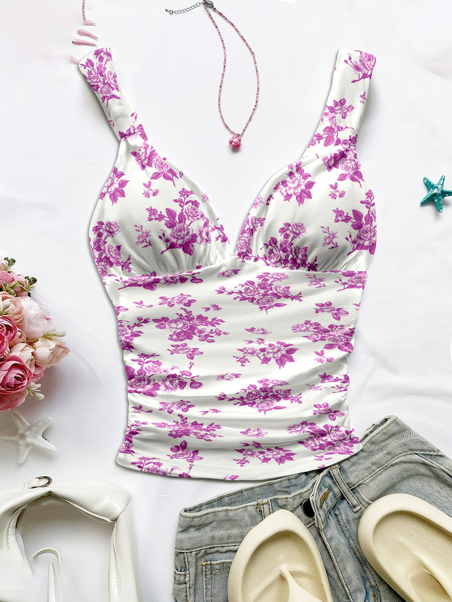 Women's Spring/summer New Hot Beach Tropical Vacation Outfits Casual Floral Slim Fit Bustier Halter Top - Magenta