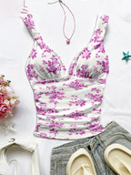 Women's Spring/summer New Hot Beach Tropical Vacation Outfits Casual Floral Slim Fit Bustier Halter Top - Magenta