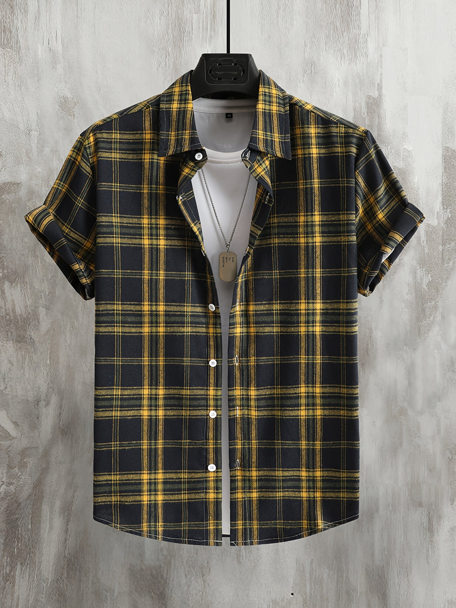 Men'S Casual Preppy Style Plaid Print Basic Color Short Sleeve Collared Shirt, Spring Summer Loose Fit Short Sleeve Checkered Pattern, Button-Front Closure, Classic Collar, Suitable for Casual And Semi-Formal Wear - Navy Color
