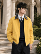 Men'S Spring Autumn Lapel Jacket, Retro Plaid Patchwork Collar Design, Loose Short Casual Top, Zippered Cardigan with Elastic Cuffs, Preppy Style Versatile Outerwear, Suitable for Commute, Campus, Streetwear, And Daily Wear - ginger-colored