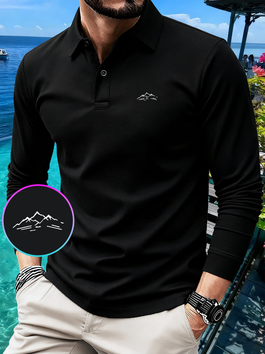 GC2-3510# A New Long-Sleeve Polo Shirt for The Autumn And Season Featuring a Minimalist Mountain Pattern Print. It Boasts a Classic And Mature Design with a High-Quality Feel. The Collared Top Is Made from Comfortable And Breathable Fabric That Is W - Black