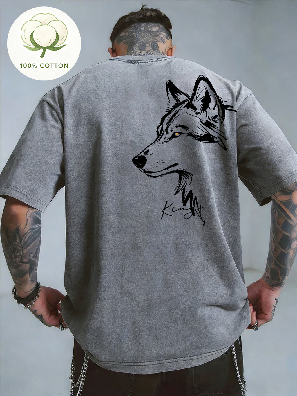 Men'S 100% Washed, Wolf King Print Pattern Retro Round Neck T-Shirt, Casual All-Match Loose Summer Short Sleeve T-Shirt, Daily Wear - Grey White