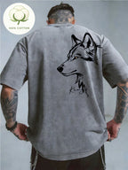 Men'S 100% Washed, Wolf King Print Pattern Retro Round Neck T-Shirt, Casual All-Match Loose Summer Short Sleeve T-Shirt, Daily Wear - Grey White