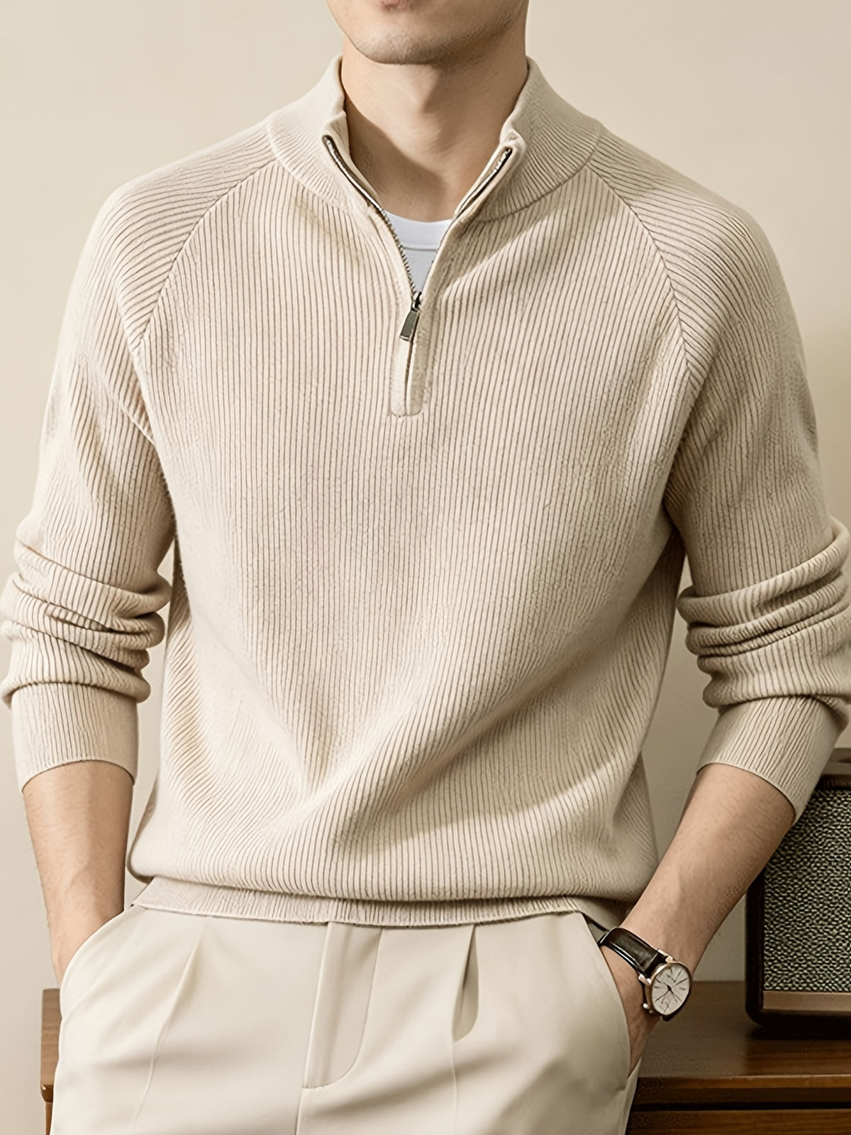 SINBOS Men's Half-Zip Stand Collar Sweater - Low-Saturation Earth Tones, Soft Ribbed Knit Zippered Cardigan, Stand Collar & Half-Zip Front Suitable for Business Casual & Minimalist Winter Wear, Autumn Winter Layering Piece - Beige Color