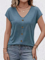 New Summer Women's V-Neck Fake Button Covered Sleeve T-Shirt, Solid Color Casual Top, Machine Washable - Suitable for Daily and Home Wear - Deep Blue