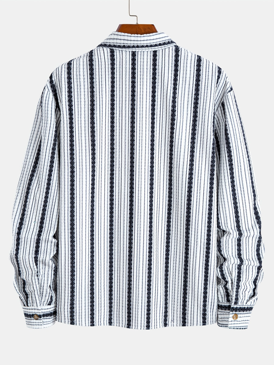 Men's Corduroy Textured Notch Lapel Long Sleeve Casual Shirt for Daily Commuting, Artistic and Trendy Vintage Ethnic Style Vertical Stripe Long Sleeve Shirt - White