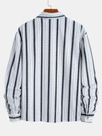 Men's Corduroy Textured Notch Lapel Long Sleeve Casual Shirt for Daily Commuting, Artistic and Trendy Vintage Ethnic Style Vertical Stripe Long Sleeve Shirt - White