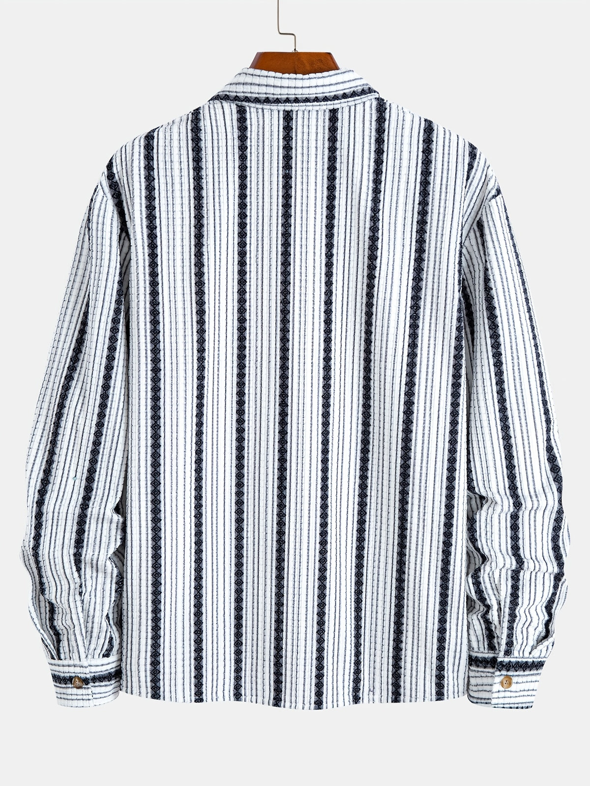 Men's Corduroy Textured Notch Lapel Long Sleeve Casual Shirt for Daily Commuting, Artistic and Trendy Vintage Ethnic Style Vertical Stripe Long Sleeve Shirt - White