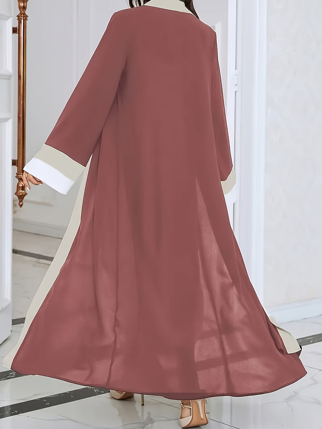 Ramadan Open-Front Long-Sleeved Long Dress, Elegant Color-Block Slim-Fit Super Long Dress, Women'S Clothing - The color of rouge