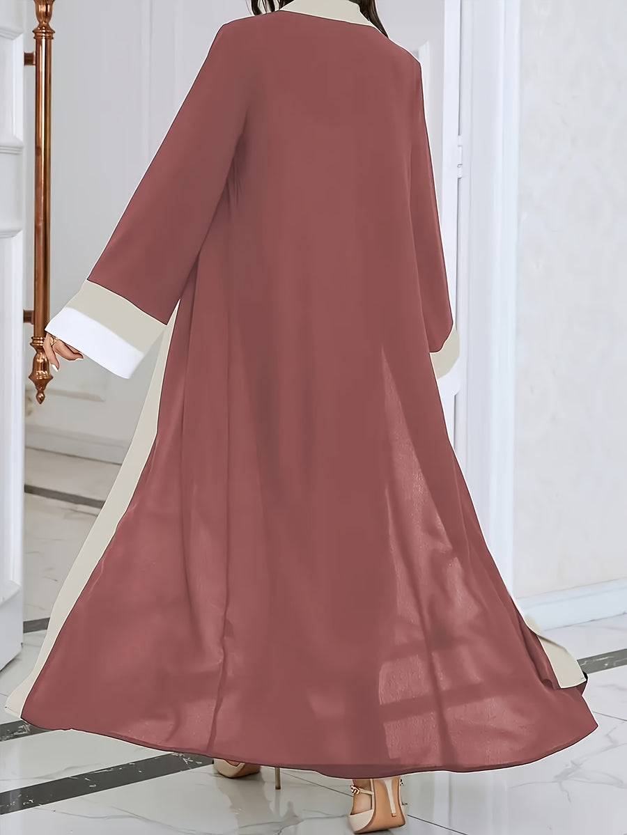 Ramadan Open-Front Long-Sleeved Long Dress, Elegant Color-Block Slim-Fit Super Long Dress, Women'S Clothing - The color of rouge