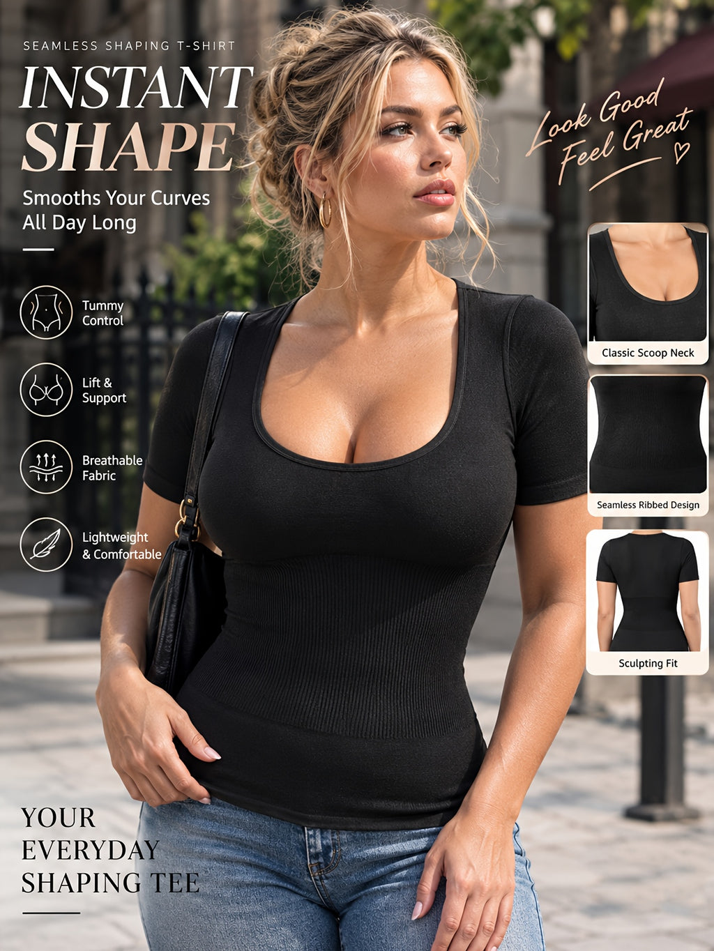 Women's Seamless Shapewear Top Short Sleeve Tummy Control Compression Shirt Slim Fit Body Shaping T-Shirt Women's Short Sleeve Shaping Top Seamless Tummy Control Shirt Slim Fit Compression T-Shirt Casual Activewear - Black