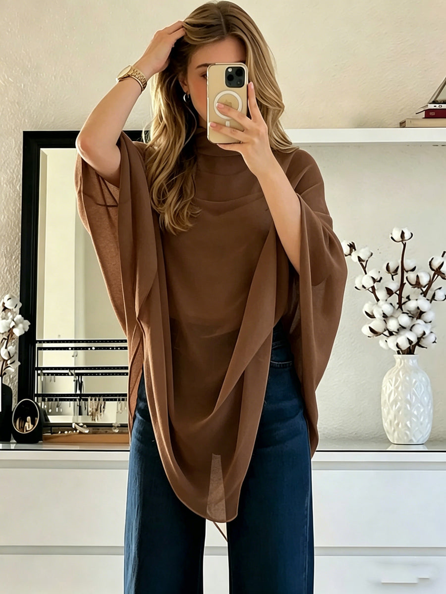 Women'S Asymmetrical Hem Chiffon Top, Casual Commute Blouse, Inner Layer Not Included - Coffee Brown
