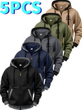 5pcs Set of Color-Blocked Full-Zip Hooded Cardigans, Easy Layered Thick RUN Inspirational English Short Sentence Small Print Loose Drawstring Casual Long Sleeve Jacket - Black + Navy Blue + Dark Gray + Khaki + Army Green
