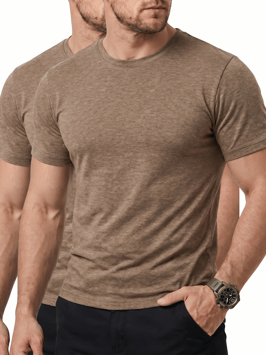 2pcs Round Neck Base Short Sleeve Top, Stretch Fabric Men'S Shirt, Western Summer Season Soft Fabric T-Shirt, Home Wear, Men'S Casual Top, Base Layer, Multi-Scene, Suitable for Various Styles, Travel, Business, Golf, Countryside Travel, Knit - Coffee Color