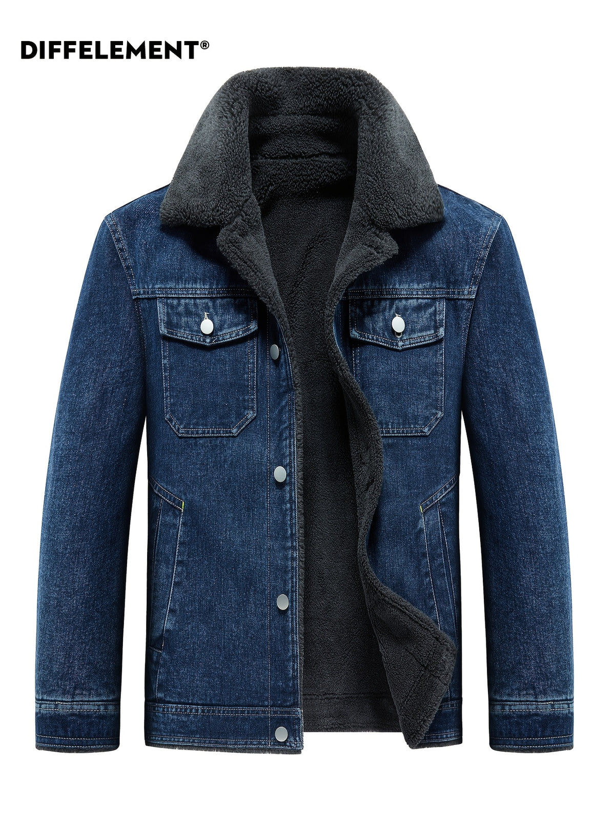 Men's Lapel Denim Jacket, Thickened for Warmth and Windproof, Vintage Versatile Style, Washed Denim Fabric with Fleece Lining and Topstitching, Casual Straight Cut Single-Breasted Lapel Design, for Autumn/Winter Daily Commuting and Streetwear - Blue