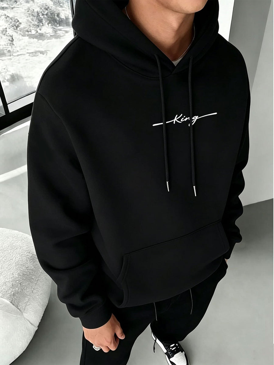 American High Street Handwritten Signature Hooded Sweatshirt for Men, Trendy Casual Pullover Top, Versatile Daily Wear, Slimming Long Sleeve Commuter Hoodie - Black