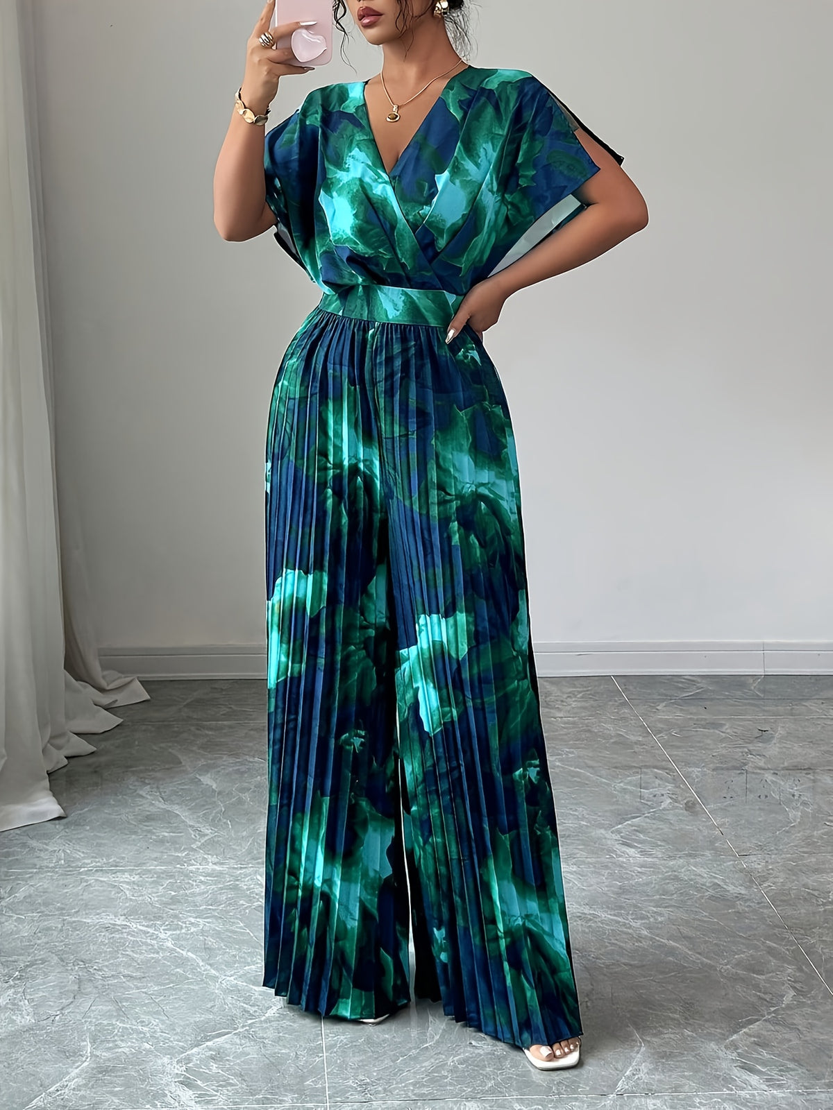 Women's Spring/Summer Elegant Vacation Style Floral Print V-Neck Batwing Sleeve Pleated Wide-Leg Jumpsuit - Dark Cyan