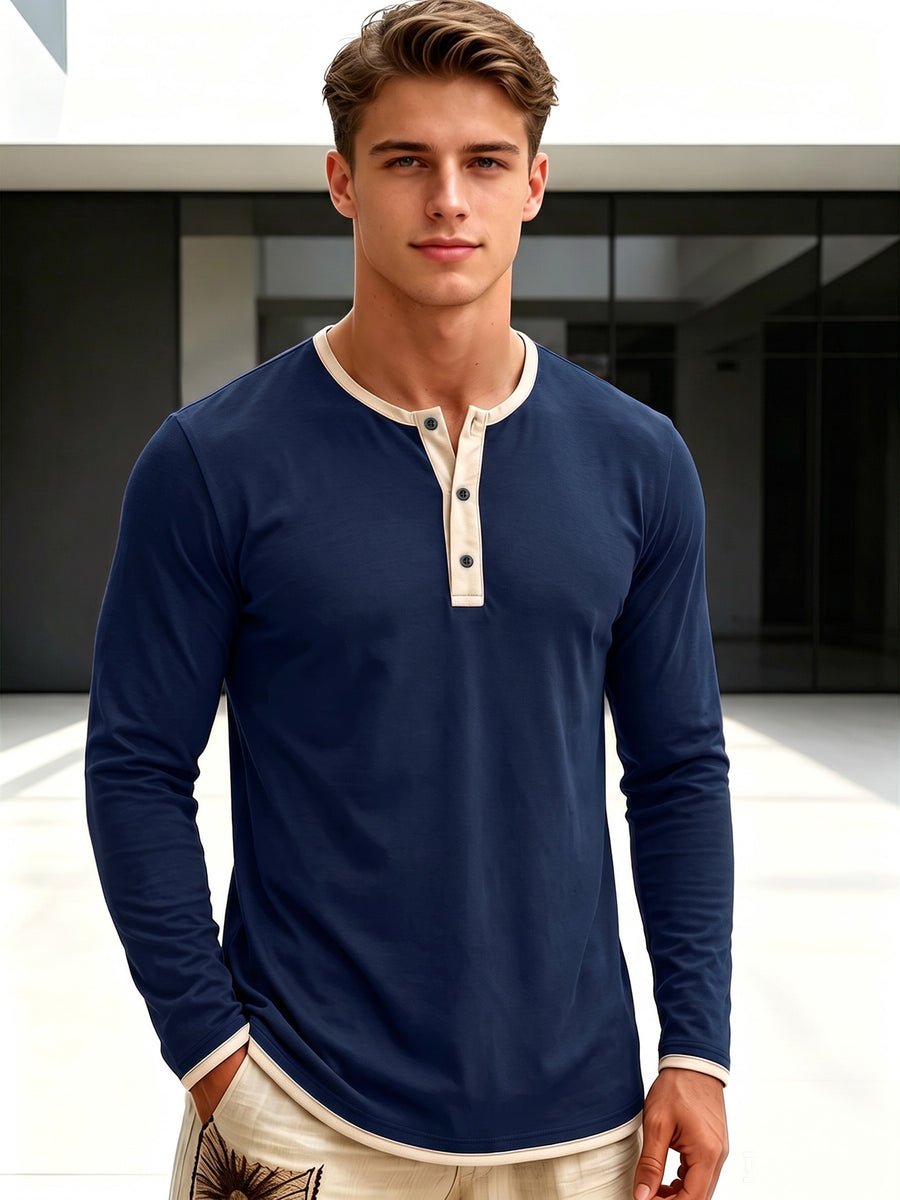 Men'S Retro Color-Block Casual Henley Long Sleeve, Spring Summer Autumn Regular Fit Fashionable Versatile T-Shirt, Solid Color, Knit Fabric, Breathable Comfortable Henley Long Sleeve, Half-Button Round Neck Design, Multiple Colors Available - Navy Color