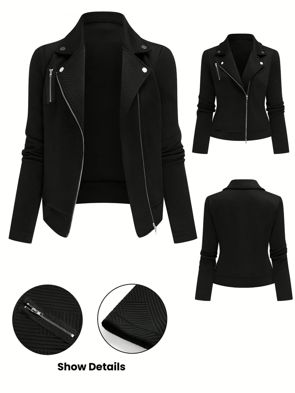 Women's New Solid Color Maze Grid Zipper Button Decorated Biker Jacket, a Stylish and Elegant Commuting, Outing, and Daily Wear Casual Jacket Top, Suitable for Autumn and Winter Seasons - Black