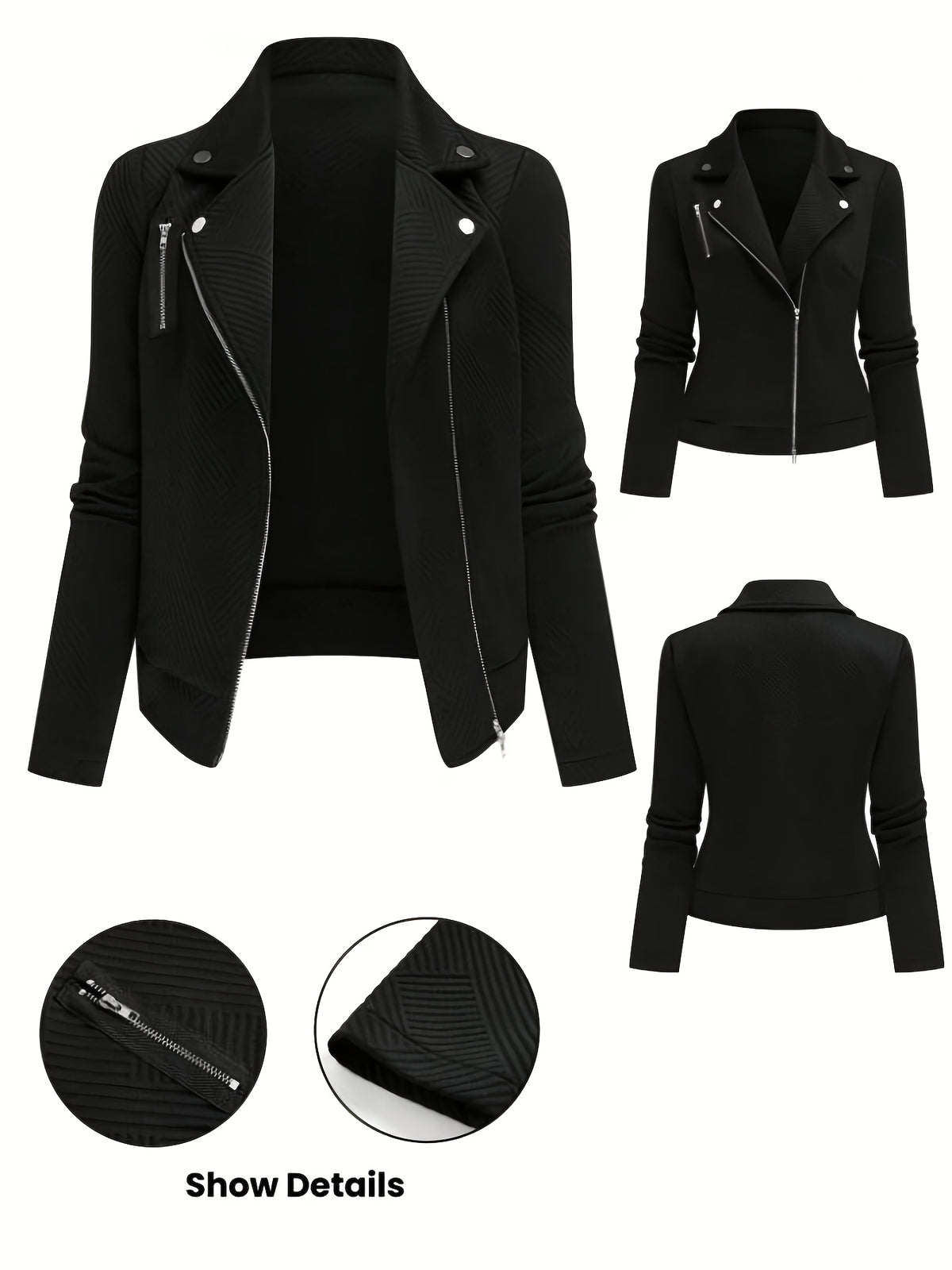 Women's New Solid Color Maze Grid Zipper Button Decorated Biker Jacket, a Stylish and Elegant Commuting, Outing, and Daily Wear Casual Jacket Top, Suitable for Autumn and Winter Seasons - Black