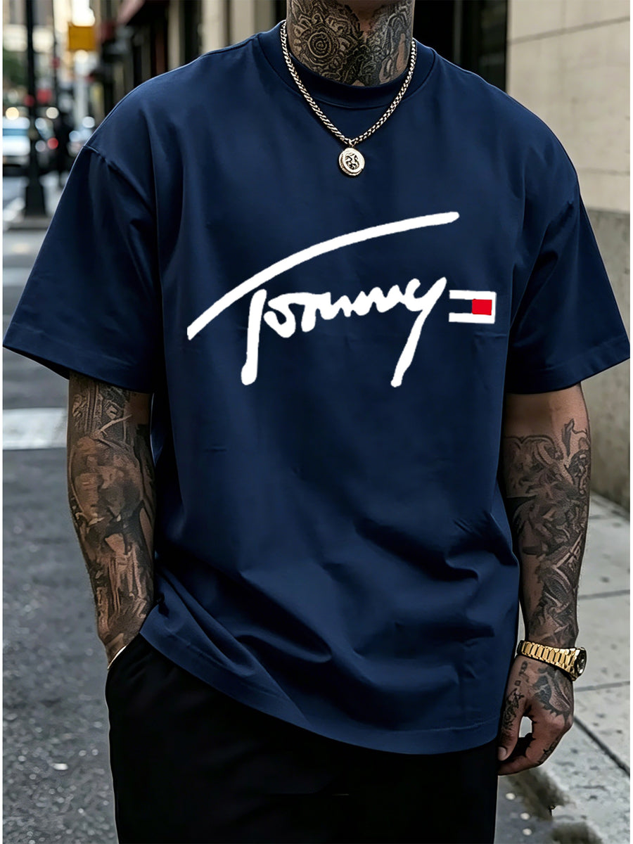 Tommy Handwritten Signature with Block Logo Print Crew Neck Short Sleeve Men's American Streetwear Casual Half-Sleeve Top - Navy Color