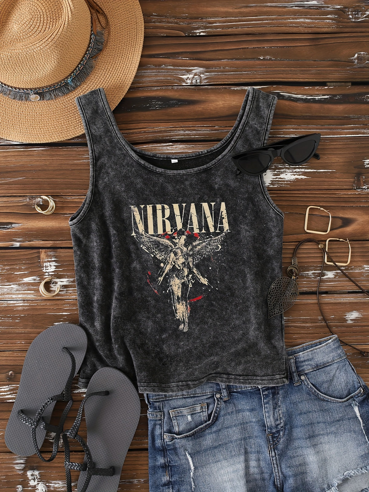 Ladies' Fashion Trend Fried Snowflake Washed - Angel Creative Pattern Printed Sleeveless Vest - Black