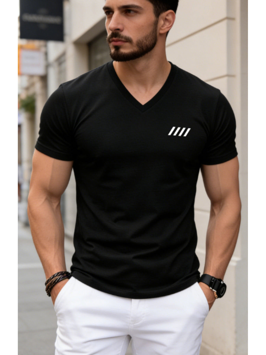 [Printed Design - Not Textured] 2026 New Style T-Shirt, Men's Summer Short Sleeve Thin Top, Trendy Fashion Slim Fit V-Neck, Versatile and Simple Classic Basic Style for Daily Commuting. Creative Vertical Stripe Pattern Design for a  and Fashionable - Black