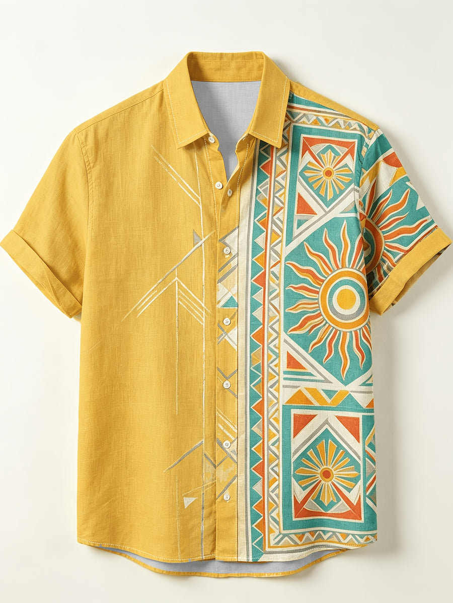 Men'S Stylish Boho Geometric Sun Digital Print Short Sleeve Button- Shirt Summer Casual Vacation Daily Wear Tops - Light Yellow