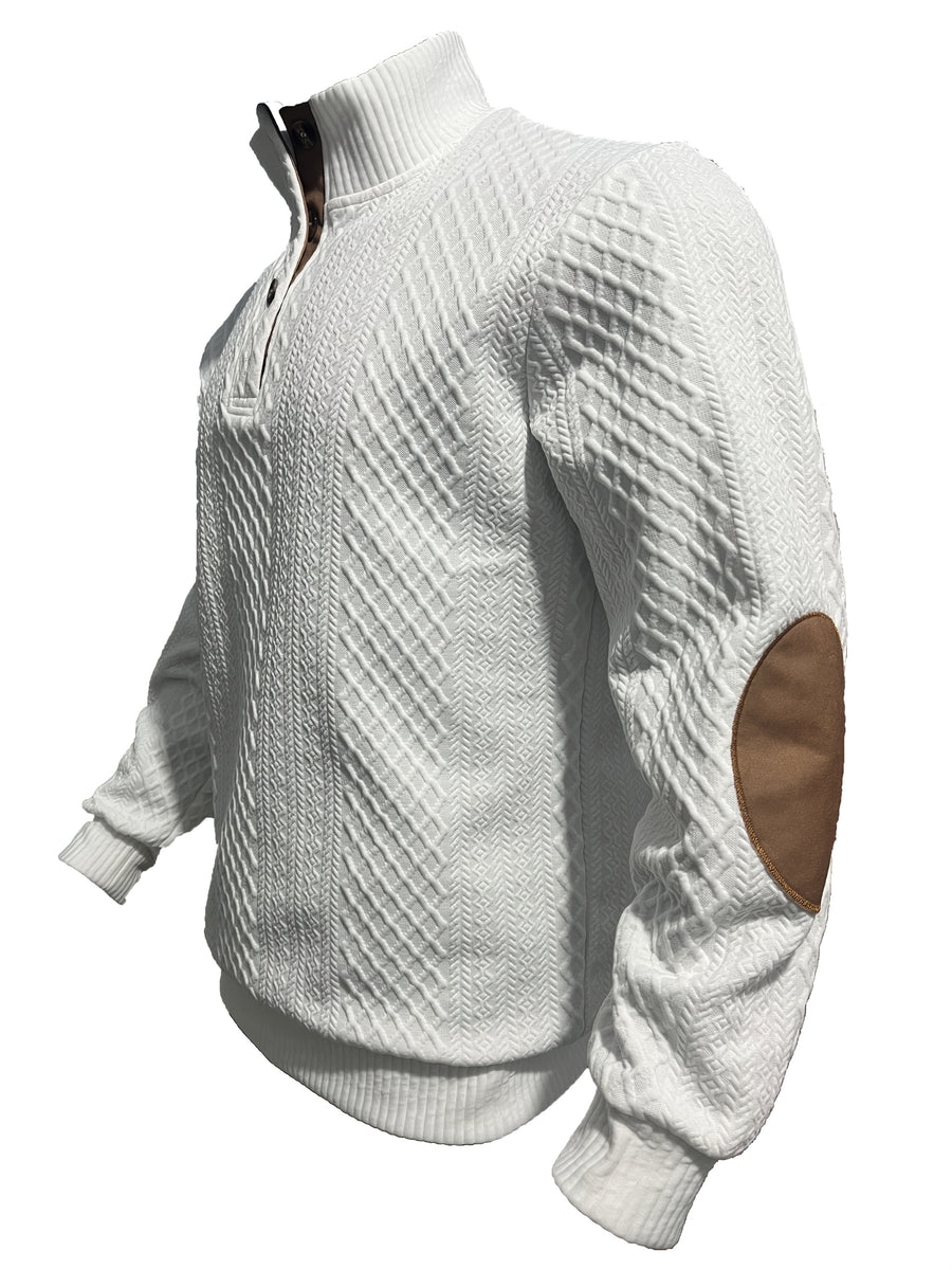 MILANO Italian Stand Collar Men'S Sweater Autumn Winter Jacquard Diamond Check Business Casual Half-Button Pullover, Knit - White