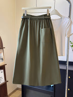 Easy High-Waist Half Skirt Women'S New Elastic Waist Button Decor A-Line Mid-Length Coverage Large Pocket Design Commute Casual Skirt with Belt - Military green1