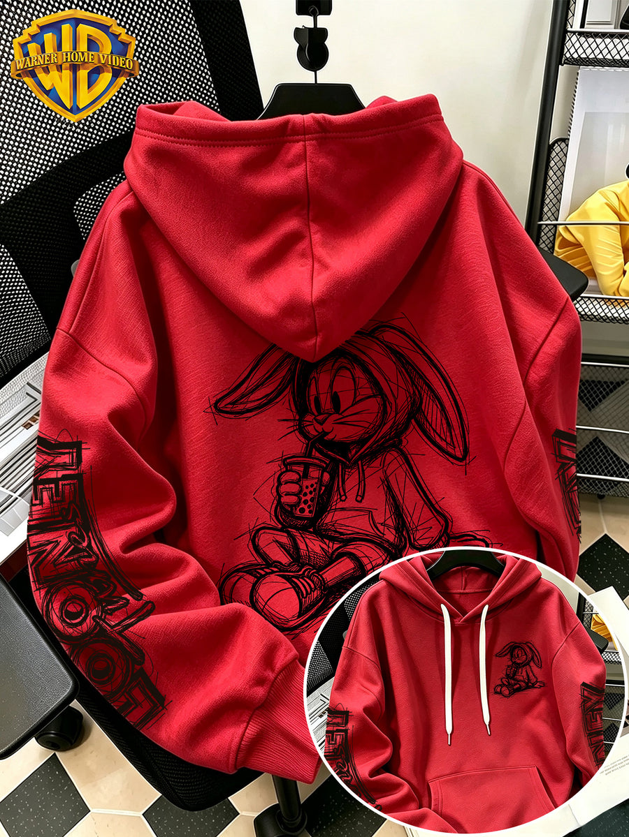 [Warner Bros] Licensed Men'S New Trendy Hoodie Sitting Drinking Milk Tea Rabbit Pattern Print Casual Hoodie, Daily Drawstring Loose Pullover Top, Machine Washable All-Match Sports Casual Men'S Top - Red