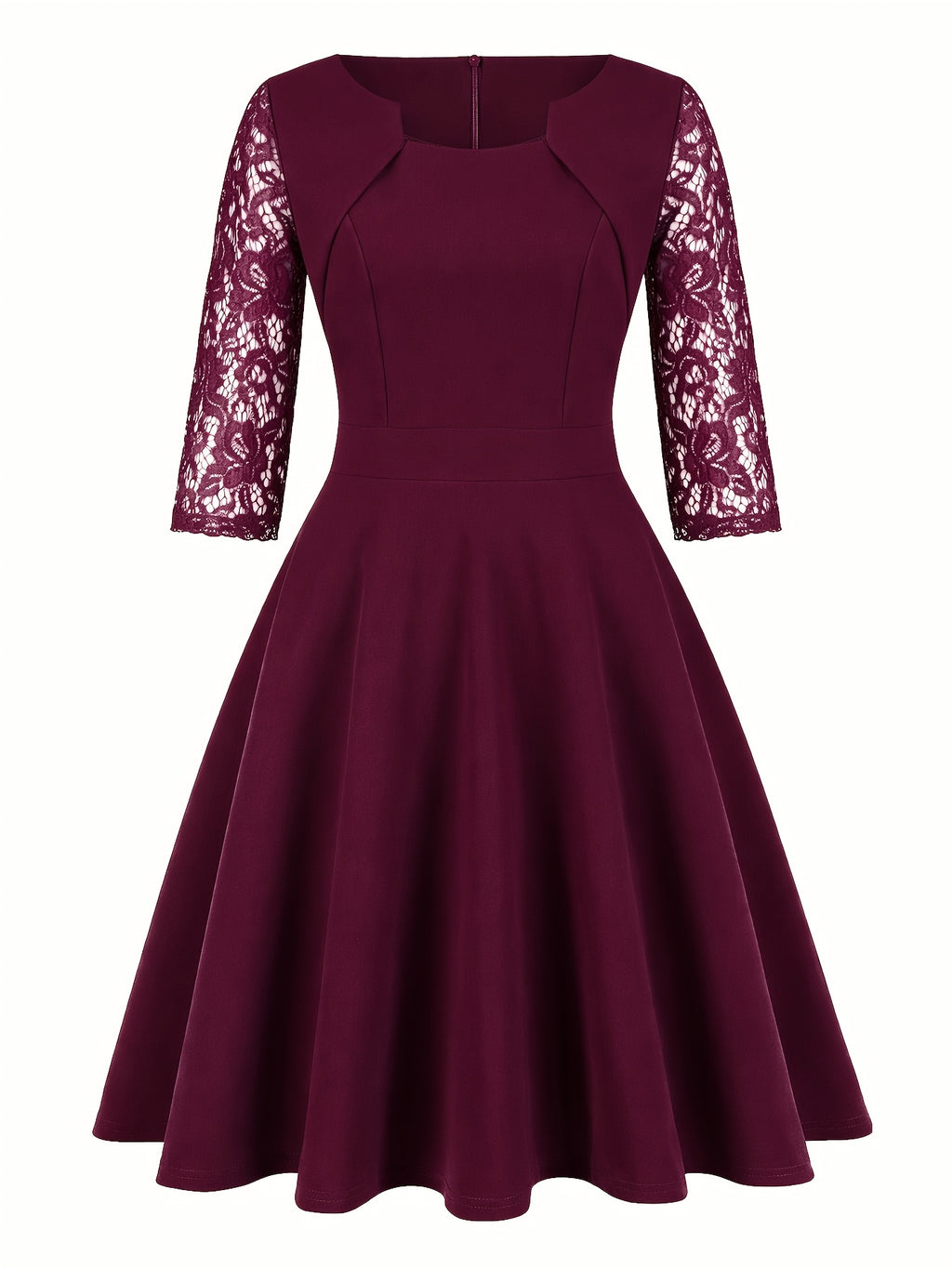 Women'S Fashion Vintage Square Neck Floral Lace Party Swing Dress - Burgundy