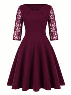Women'S Fashion Vintage Square Neck Floral Lace Party Swing Dress - Burgundy
