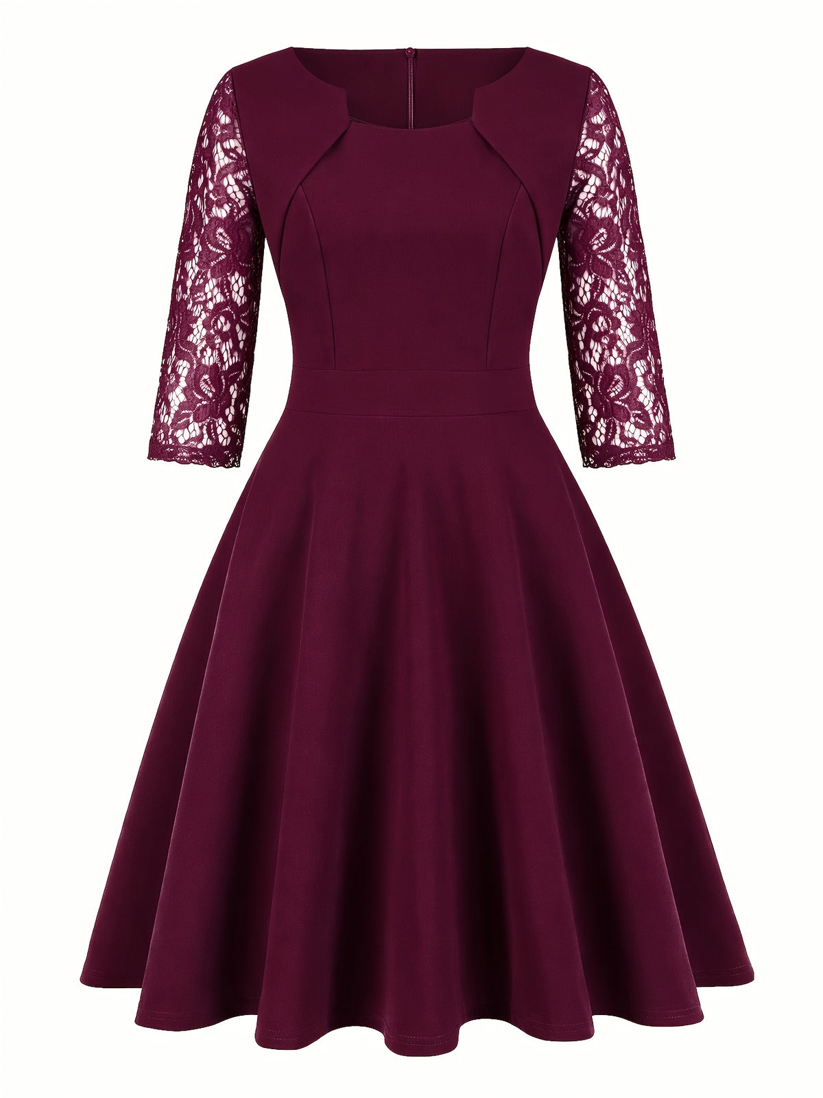 Women'S Fashion Vintage Square Neck Floral Lace Party Swing Dress - Burgundy