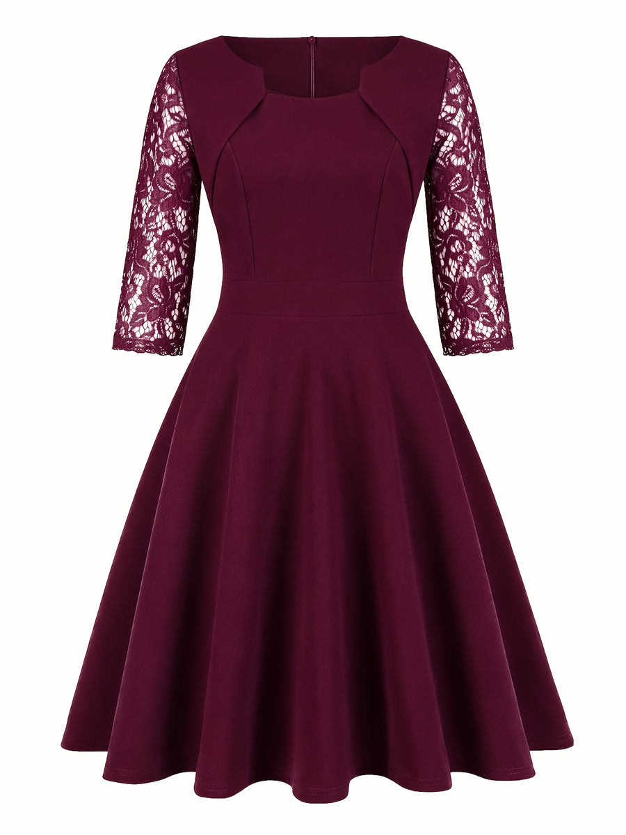 Women'S Fashion Vintage Square Neck Floral Lace Party Swing Dress - Burgundy