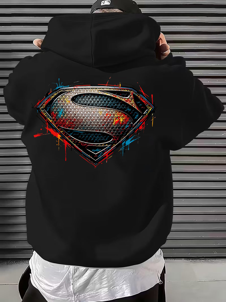 WB Men's & Unisex Superman S Logo Hoodie Sweater - Official Licensed Plush Hooded with Iconic Superman Print, Adjustable Drawstring Hood, Loose Fit for Winter Warmth, Machine Washable Casual Apparel Suitable for Autumn - Black