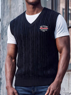 Western Men'S Back-To-School American Preppy Style Jacquard Embroidered V-Neck Knit Vest, Campus Commute Layering for Spring/Autumn - Black