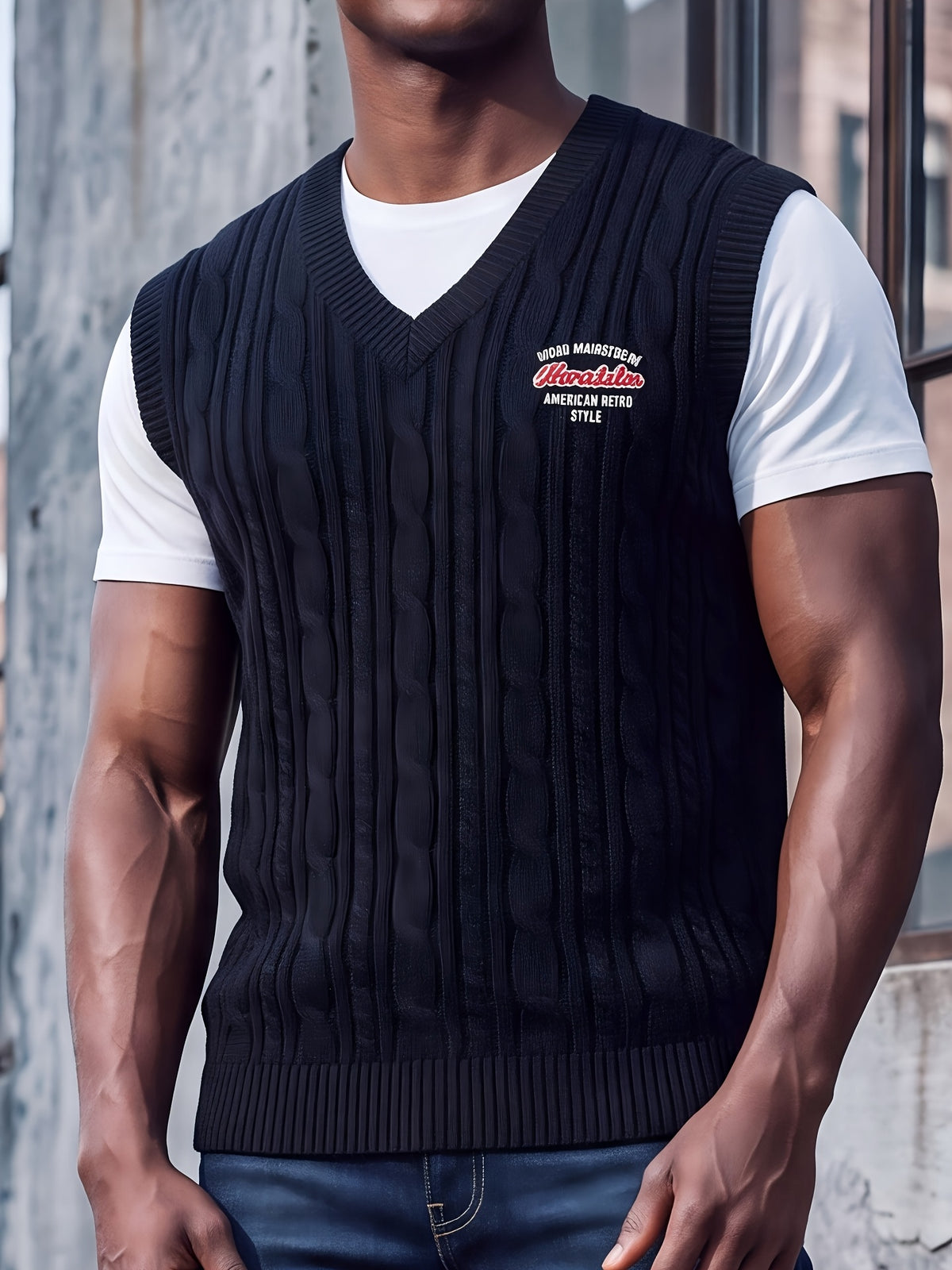 Western Men'S Back-To-School American Preppy Style Jacquard Embroidered V-Neck Knit Vest, Campus Commute Layering for Spring/Autumn - Black