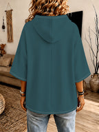 Sea Blue Hooded Sweatshirt, Western Women'S 3/4 Sleeve Loose Drop Shoulder Hoodie, Soft Breathable Spring Autumn Casual All-Match Pullover Top - Sea Blue