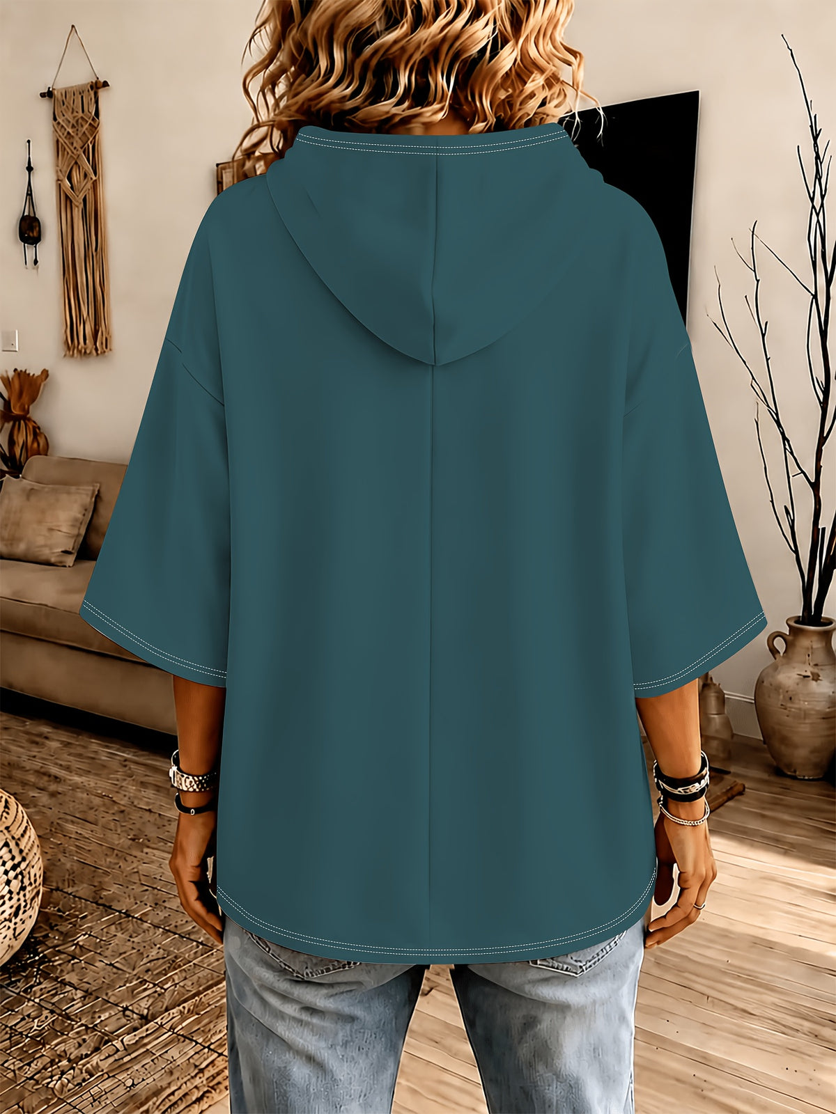 Sea Blue Hooded Sweatshirt, Western Women'S 3/4 Sleeve Loose Drop Shoulder Hoodie, Soft Breathable Spring Autumn Casual All-Match Pullover Top - Sea Blue