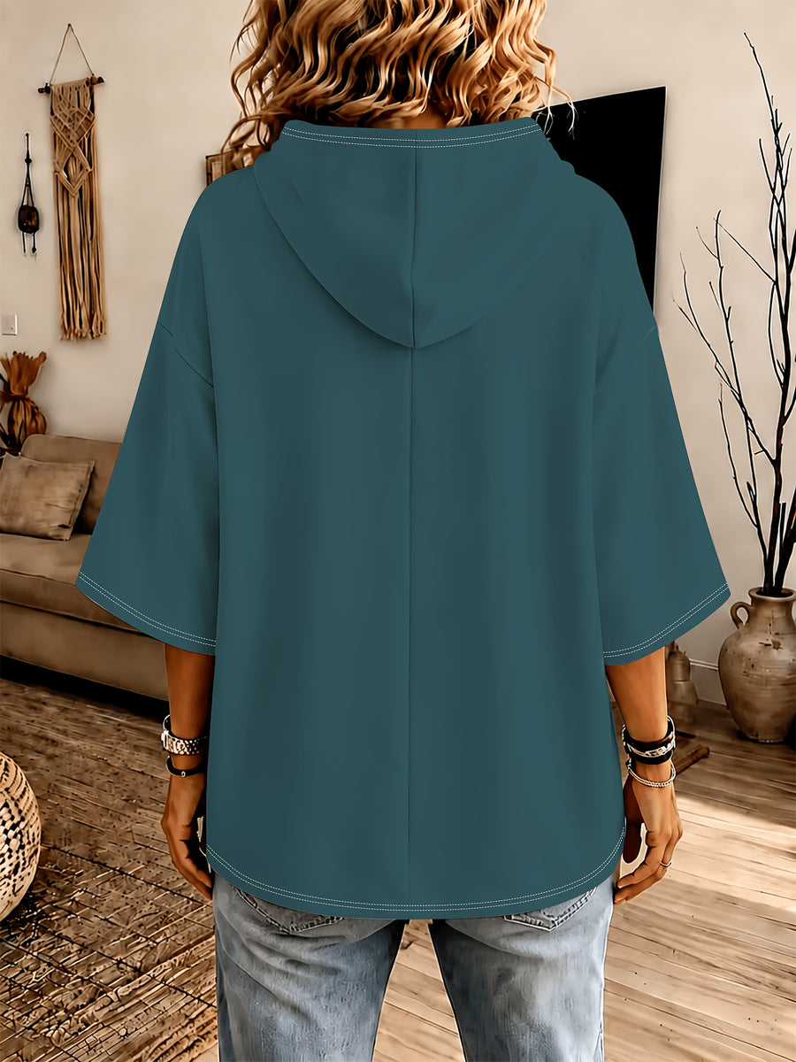 Sea Blue Hooded Sweatshirt, Western Women'S 3/4 Sleeve Loose Drop Shoulder Hoodie, Soft Breathable Spring Autumn Casual All-Match Pullover Top - Sea Blue