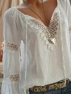 Women's Elegant Lace V-Neck Blouse Shirt - Solid Color Long Sleeve Blouse with Lace Collar & V-Neck, Machine Washable Suitable for Commuting, Office, Weddings, Spring Summer Fall Wardrobe Essential, Non-Stretch Professional Attire - White